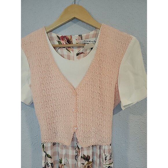 90s Vtg Allison Che Women's Size 6P Midi Dress Pink Floral Crochet Boho Check - Picture 3 of 6